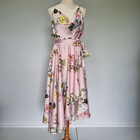 Sheike High Tea Multicolour Floral Cowl Neck Midi Dress with Belt Size 10 - Picture 2 of 9